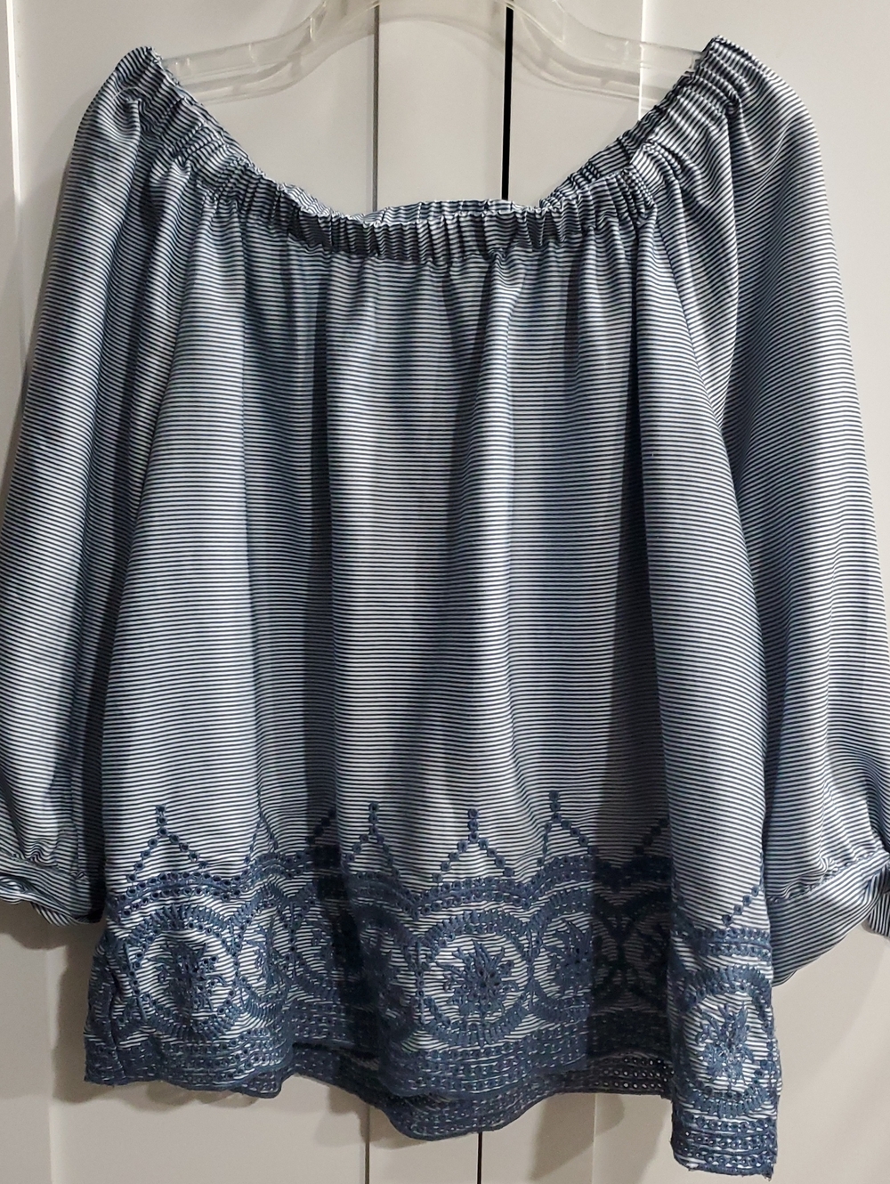 new directions Navy and White Striped Off-Shoulder Embroidered Tunic